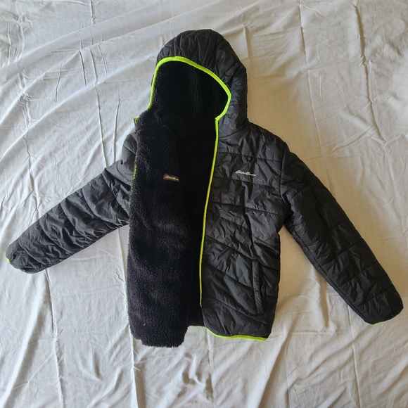Eddie Bauer Kids Black Puffer with Neon Green Accents - Picture 1 of 5